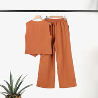WW Modern Set | Eleganter ärmelloser V-Ausschnitt-Top und weit geschnittene Hosen Damenanzug