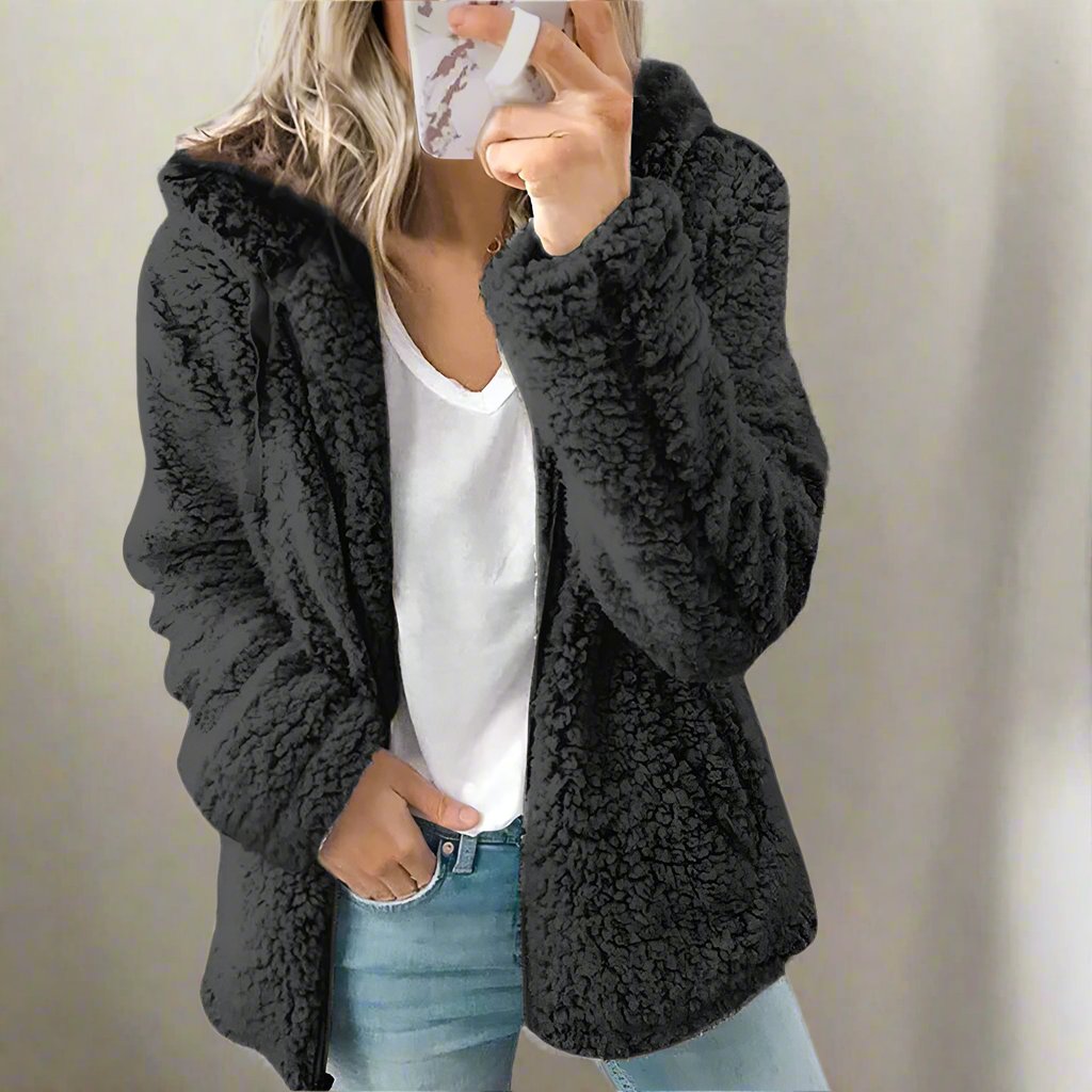 WW | Teddy-Fleecejacke mit Kapuze Damen - weiche Winterjacke mit Reißverschluss