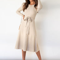 WW | Elegantes Gestricktes Midi Kleid Mit Gürtel Für Damen