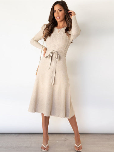 WW | Elegantes Gestricktes Midi Kleid Mit Gürtel Für Damen