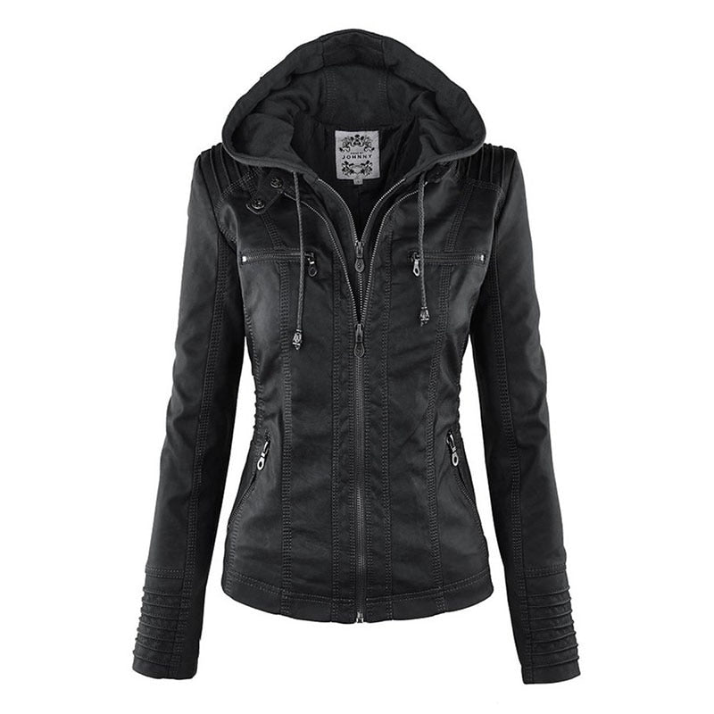 W&W Mode Lederimitat Mantel | Damen Kapuzenjacke: Basic PU-Jacke