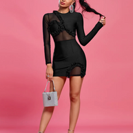 Langärmliges, mit Blütenblättern verziertes Mini-Bandage-Kleid mit Netz-Ausschnitt