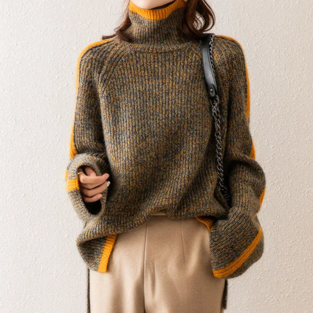 WW Sweater | Eleganter, übergroßer Rollkragenpullover mit orangefarbenem Streifen für Damen