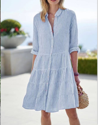 Damen karierte Midi-Bluse mit Knopfleiste und ausgestelltem Rock WW