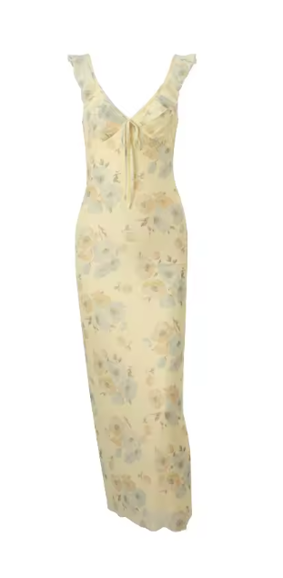 Damen Maxikleid mit zartem Blumenmuster und femininem Rüschendesign WW
