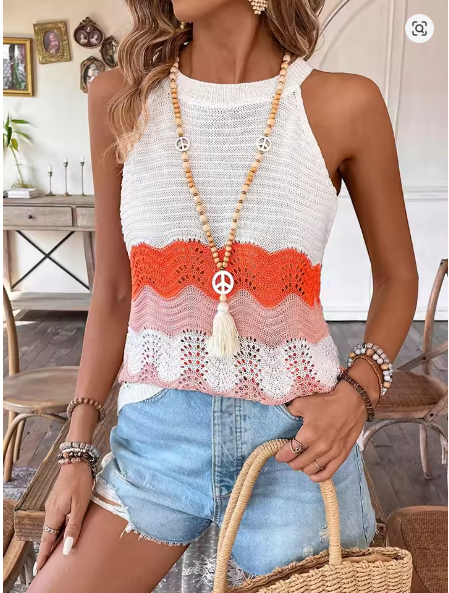W&W Mode | Ärmelloses Stricktop mit welligem Streifenmuster Für Frauen