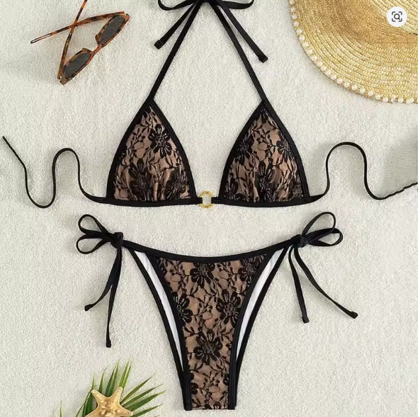 WW | Spitzen-Patchwork V-Ausschnitt Bikini-Set