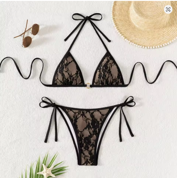 WW | Spitzen-Patchwork V-Ausschnitt Bikini-Set