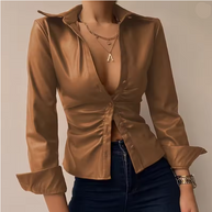 WOLF V-Ausschnitt PU-Leder bedruckt Langarm Patchwork-Bluse