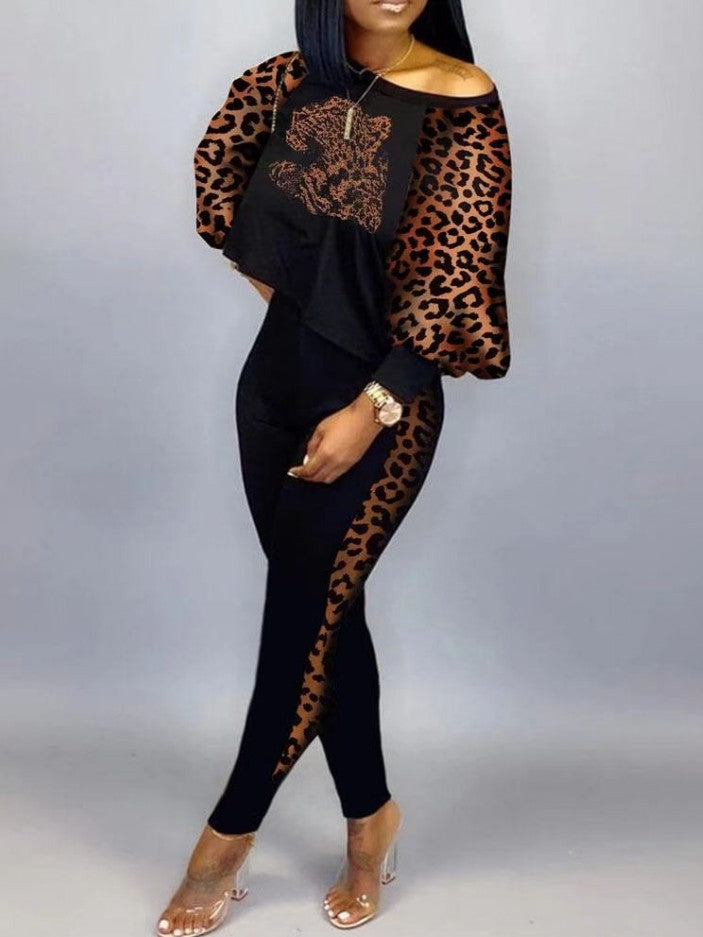 Damen Athleisure Set mit modischen Leopardenärmel und Slim Fit WW