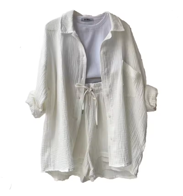 WW | Damen Einfarbiges Reverskragen Hemd & Shorts Zweiteiliges Set
