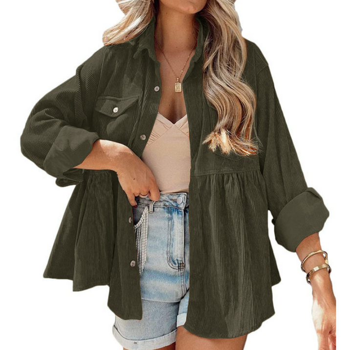 Damen Oversized Hemd aus Rippstoff mit Brusttaschen und schickem Kragen W&W Mode