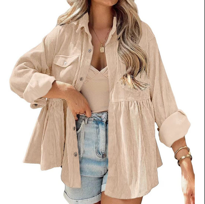 Damen Oversized Hemd aus Rippstoff mit Brusttaschen und schickem Kragen W&W Mode