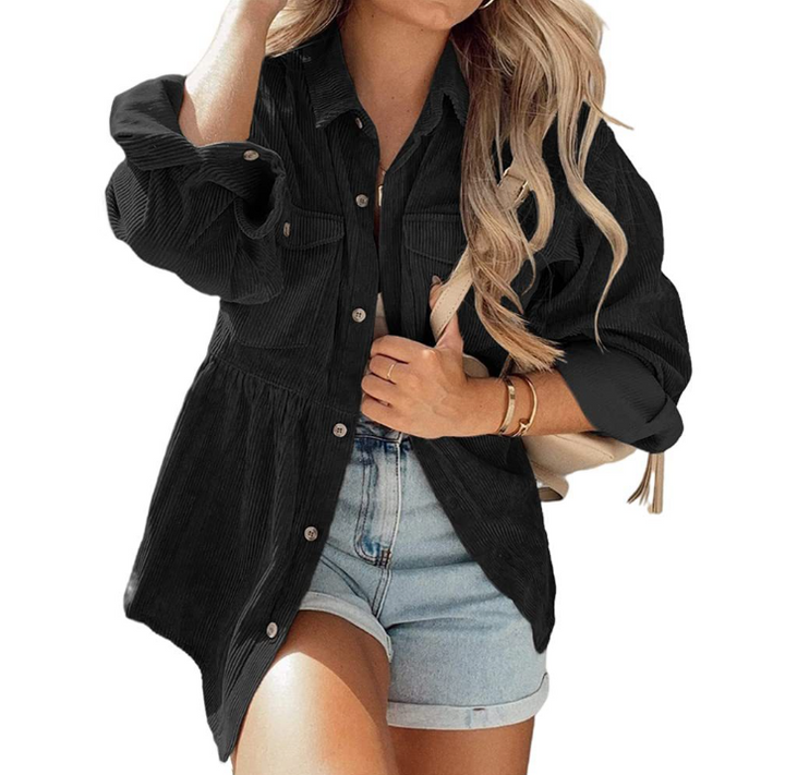 Damen Oversized Hemd aus Rippstoff mit Brusttaschen und schickem Kragen W&W Mode