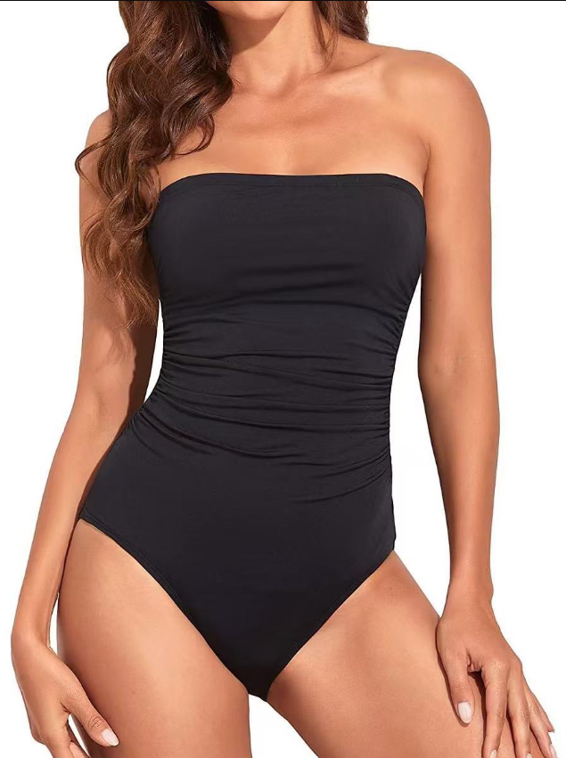 WW | Trägerlose Einteiler Bikini Für Frauen Bauchkontrolle Bandeau Badeanzüge Rüsche Schlankend Badebekleidung