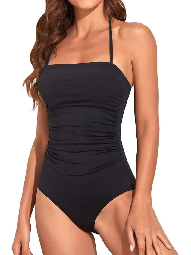 WW | Trägerlose Einteiler Bikini Für Frauen Bauchkontrolle Bandeau Badeanzüge Rüsche Schlankend Badebekleidung