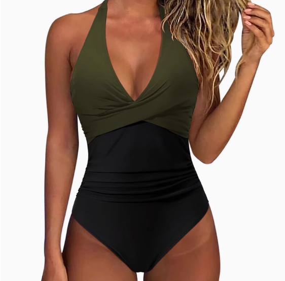 WW | Criss Cross Badeanzug Damen Hochgeschlossener Einteiler Bauchkontrolle Badeanzug Leopard