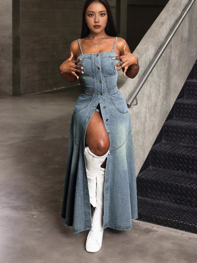 WW | Vintage Denim Spaghettiträgerkleid mit Quadratischem Kragen
