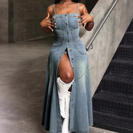WW | Vintage Denim Spaghettiträgerkleid mit Quadratischem Kragen