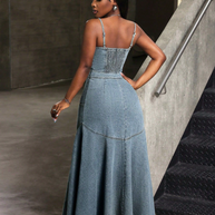 WW | Vintage Denim Spaghettiträgerkleid mit Quadratischem Kragen