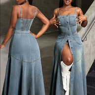 WW | Vintage Denim Spaghettiträgerkleid mit Quadratischem Kragen