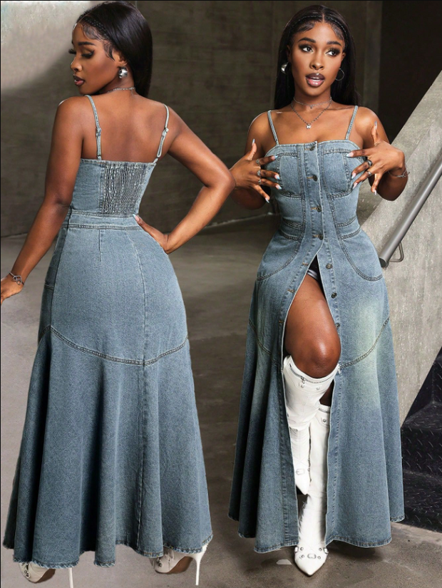 WW | Vintage Denim Spaghettiträgerkleid mit Quadratischem Kragen