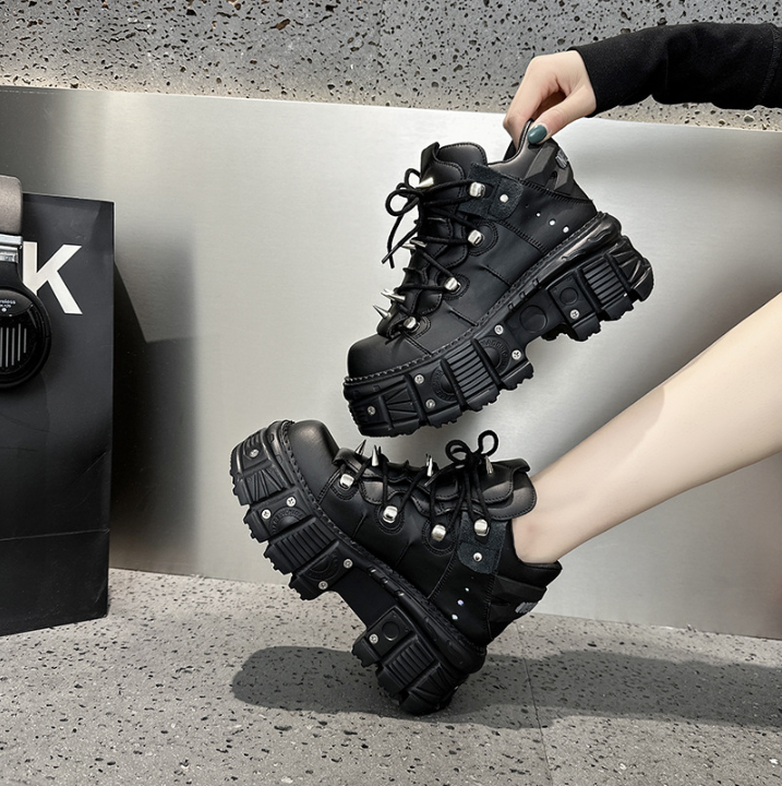 WW | Fashion Frauen Ankle Boots Damen Dünne Absätze Runde Spitze Schnürsenkel Metall Dekoration Sneakers Fräulein Nieten Punk Gothic Rock Schuhe