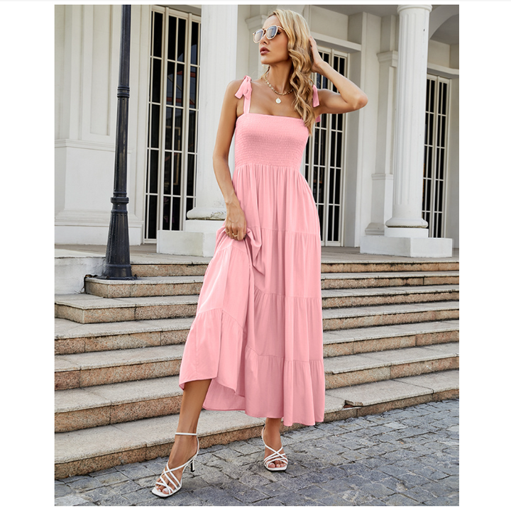 Damen Bodenlanges Rüschen-Maxikleid mit schulterfreiem Schnitt und fließendem Material W&W Mode