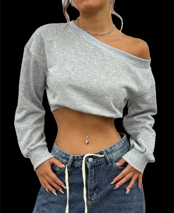 Damen lässiger cropped Pullover mit asymmetrischem Ausschnitt W&W Mode