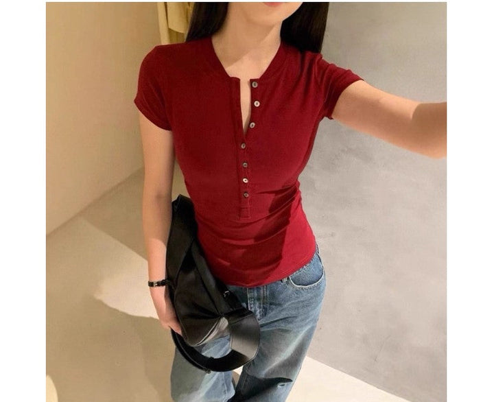 Damen figurbetontes Cropped T-Shirt mit kurzem Arm und Knopfleiste W&W Mode