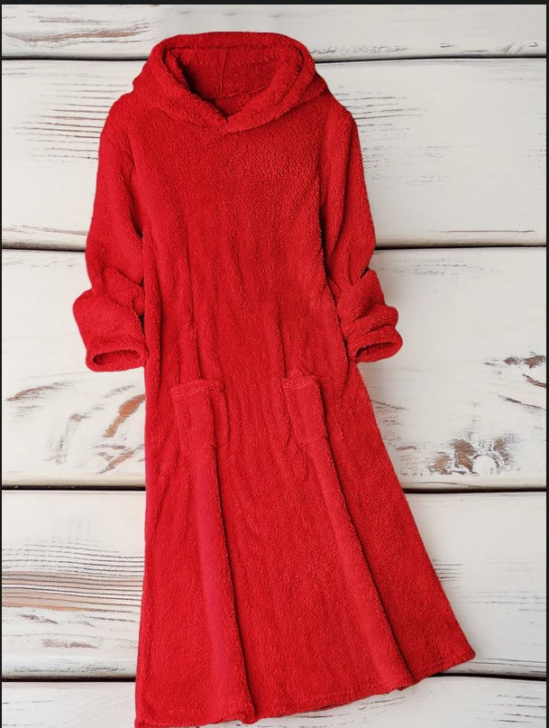 Damen Kuscheliger Fleece-Kleid mit Kapuze und praktischen Taschen WW