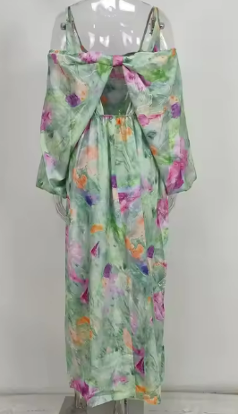 WW | Farbenfrohes, Sexy Maxikleid mit Halo-Färbedruck und Abnehmbarem Schal