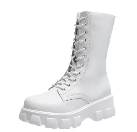 WW | Moderne Schnürverschluss Reißverschluss Seiten Profilsohle Chunky Heel Stiefel Bis Zur Wade