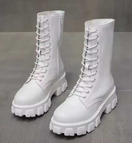 WW | Moderne Schnürverschluss Reißverschluss Seiten Profilsohle Chunky Heel Stiefel Bis Zur Wade
