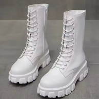 WW | Moderne Schnürverschluss Reißverschluss Seiten Profilsohle Chunky Heel Stiefel Bis Zur Wade