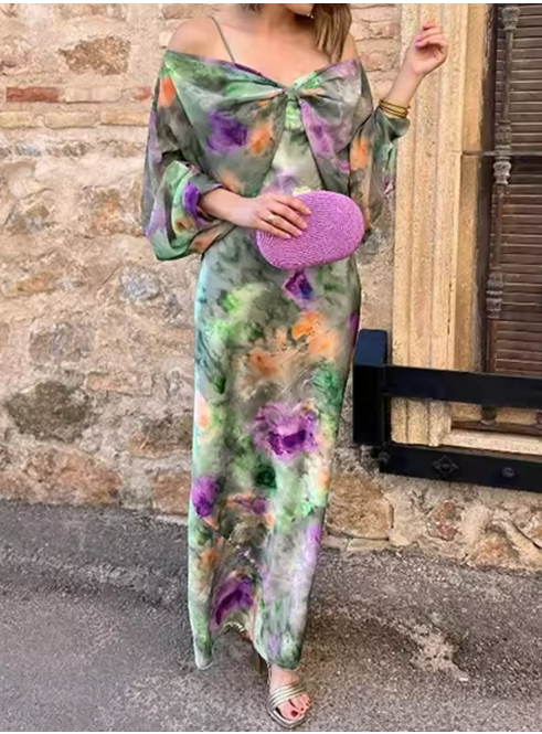 WW | Farbenfrohes, Sexy Maxikleid mit Halo-Färbedruck und Abnehmbarem Schal