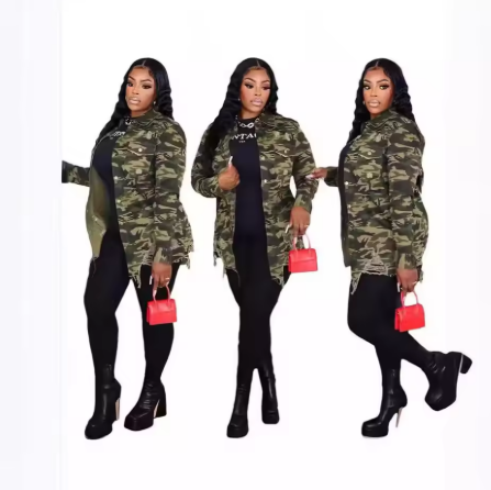 W&W Mode | Camouflage Jacke Mit Vielseitigen Taschen Und Knopfverschluss