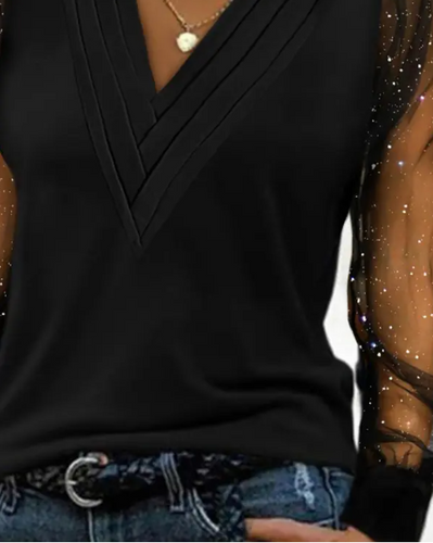 WW | Transparentes, Glitzerndes Mesh-Top mit V-Ausschnitt