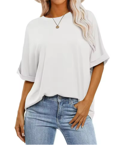 Damen lässiges Oversize-T-Shirt aus strukturierter Baumwolle mit umschlägigen Ärmeln WW
