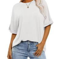 Damen lässiges Oversize-T-Shirt aus strukturierter Baumwolle mit umschlägigen Ärmeln WW