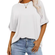 Damen lässiges Oversize-T-Shirt aus strukturierter Baumwolle mit umschlägigen Ärmeln WW