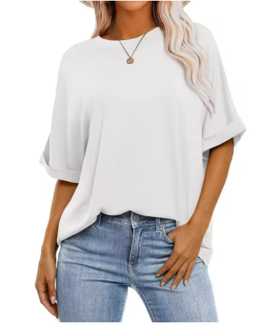 Damen lässiges Oversize-T-Shirt aus strukturierter Baumwolle mit umschlägigen Ärmeln WW
