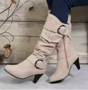 WW | Damen Knielange Stiefel mit Reißverschluss und Schnalle Stilvolle Hohe Stiefel