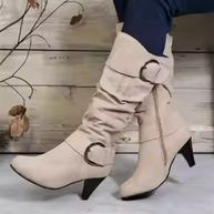 WW | Damen Knielange Stiefel mit Reißverschluss und Schnalle Stilvolle Hohe Stiefel