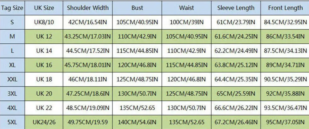 Größentabelle in Zoll/Zentimeter und UK-Größe mit Maßangaben für S bis 5XL, einschließlich Taille, Vorderlänge, Brustumfang, Ärmellänge und Schulterbreite.