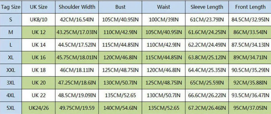 Größentabelle in Zoll/Zentimeter und UK-Größe mit Maßangaben für S bis 5XL, einschließlich Taille, Vorderlänge, Brustumfang, Ärmellänge und Schulterbreite.