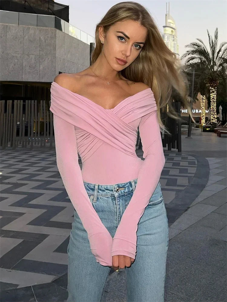 WW Off-Shoulders Bodysuit | Moderner eleganter plissierter Damen-Bodysuit
