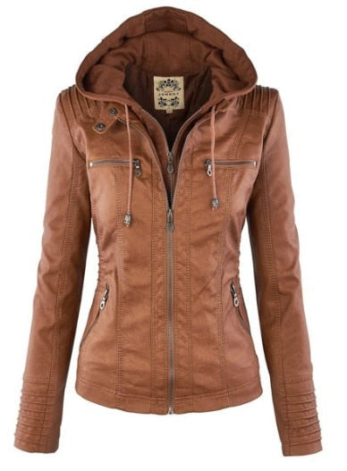 W&W Mode Lederimitat Mantel | Damen Kapuzenjacke: Basic PU-Jacke