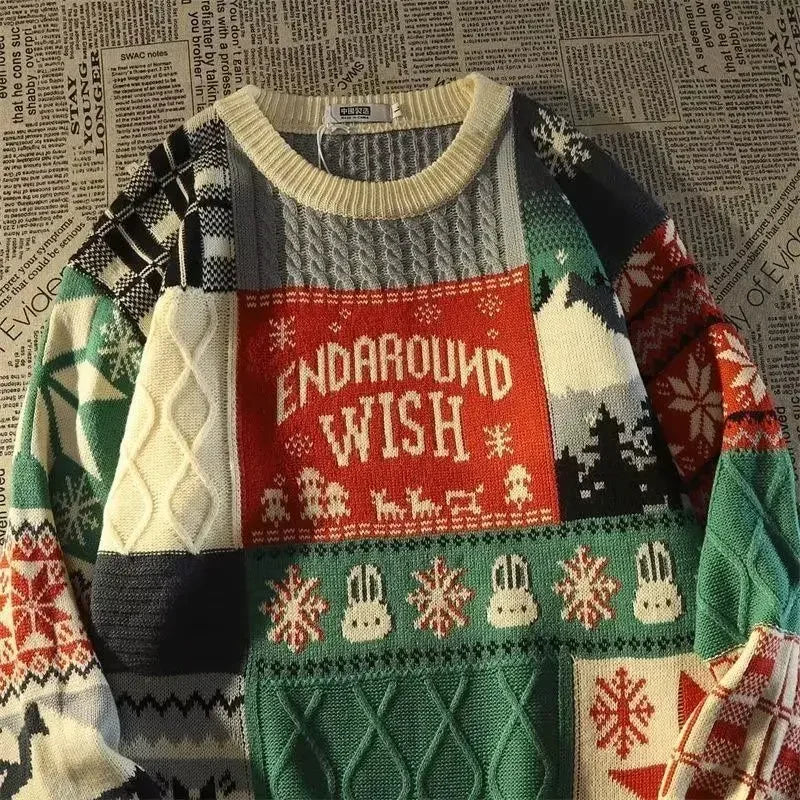 W&W Mode -Hässlicher Weihnachtspulli - Lockerer Retro-Pullover mit V-Ausschnitt und Farbblock-Design