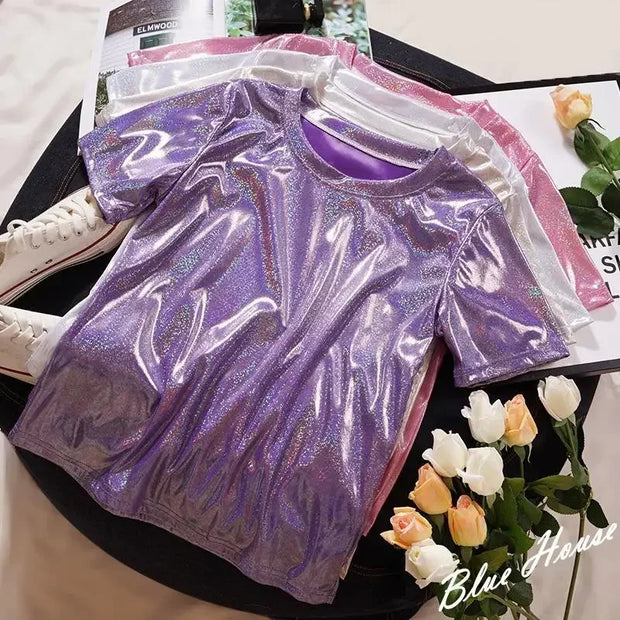 WW | S 5Xl Damen Funkelnd Shiny Metallisch Holografisch Rundhals Kurzarm Lässig Lose Top Festival Party T-Shirt Damenbekleidung